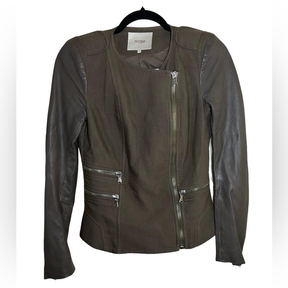 Maje Euphorie Women's Black and Khaki Green Silk Leather Moto Biker Jacket Small - Picture 2 of 8